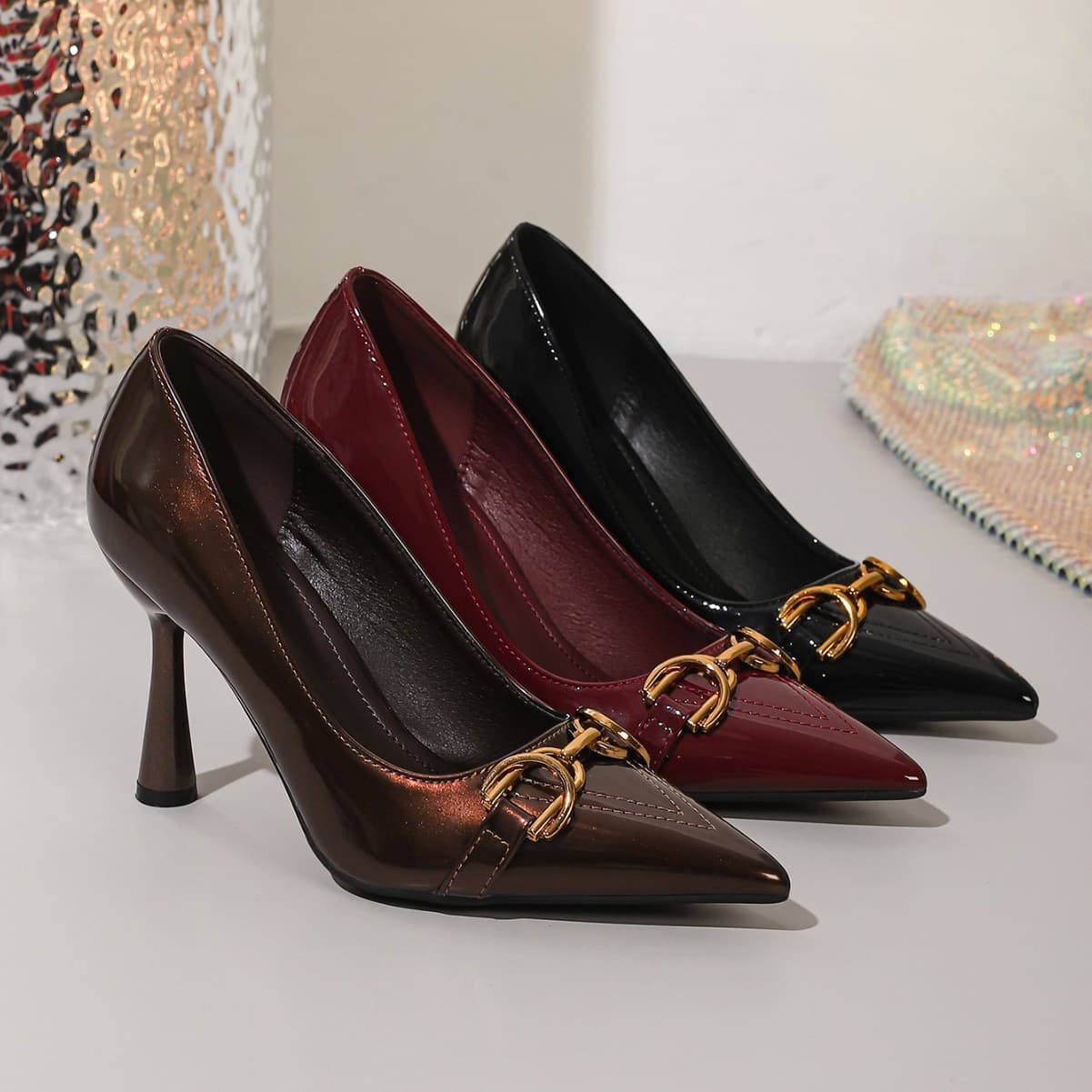 Cross-border Trade European Size New Celebrity Stiletto Pointed Toe High Heels Women's European and American Party Metal Buckle Wine Red Shoes