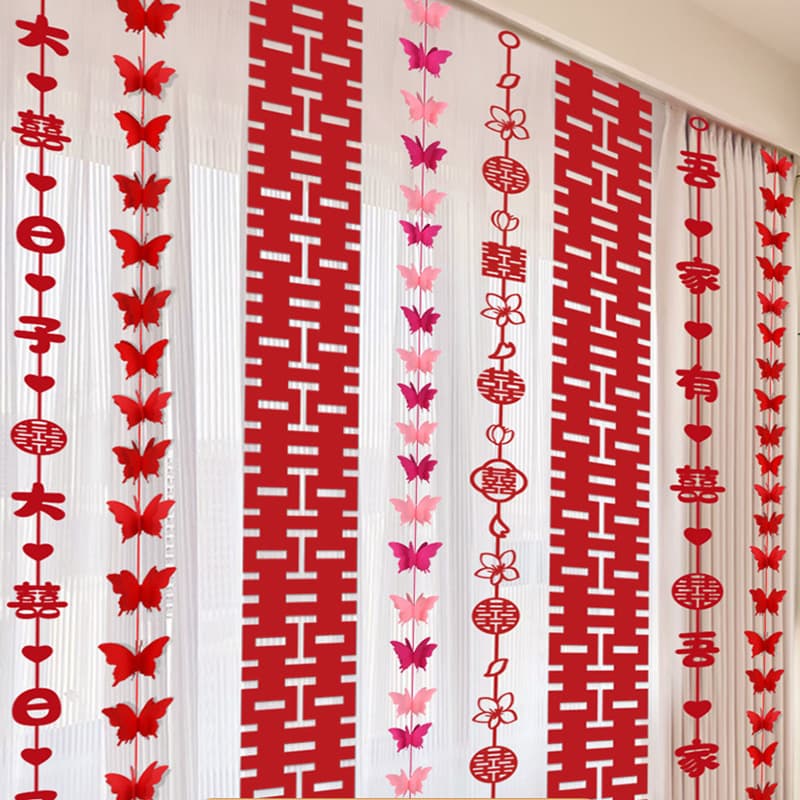Wedding strips with happy words, curtain pendants, wedding room layout set, new house bedroom, living room decoration, butterfly flowers