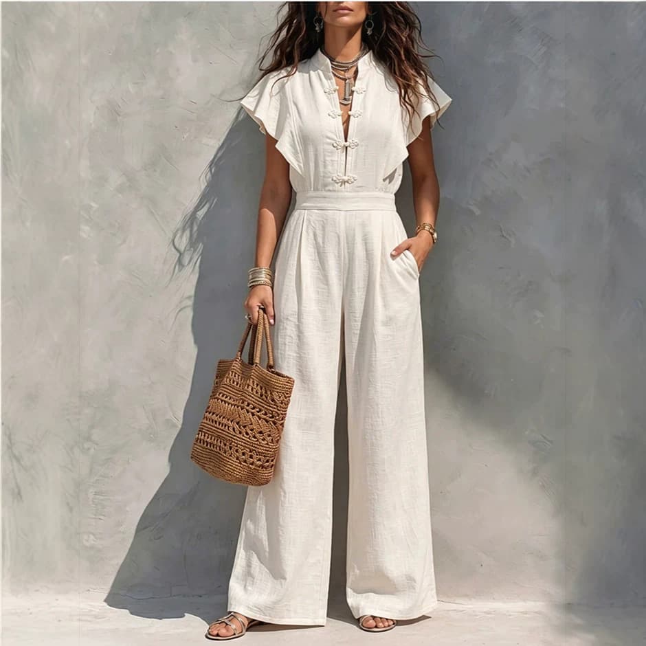 Resort Style Women's Linen Blend Jumpsuit Stand Collar Chinese Knot Button Flowing Short Sleeve High Waisted Wide Leg Pants