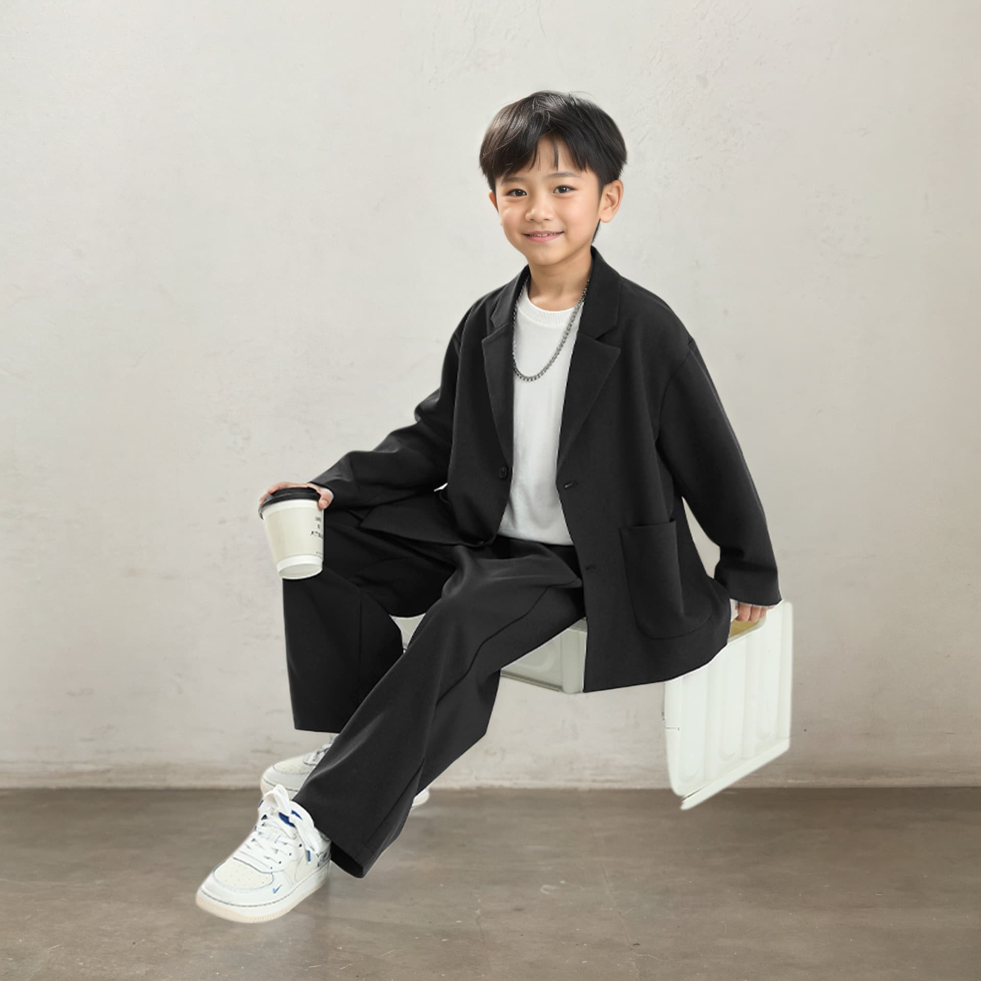 Cross-border Secret Text Boys' Suit Children's Casual Cool Set Small Suit Dress Host Performance Suit Black Suit