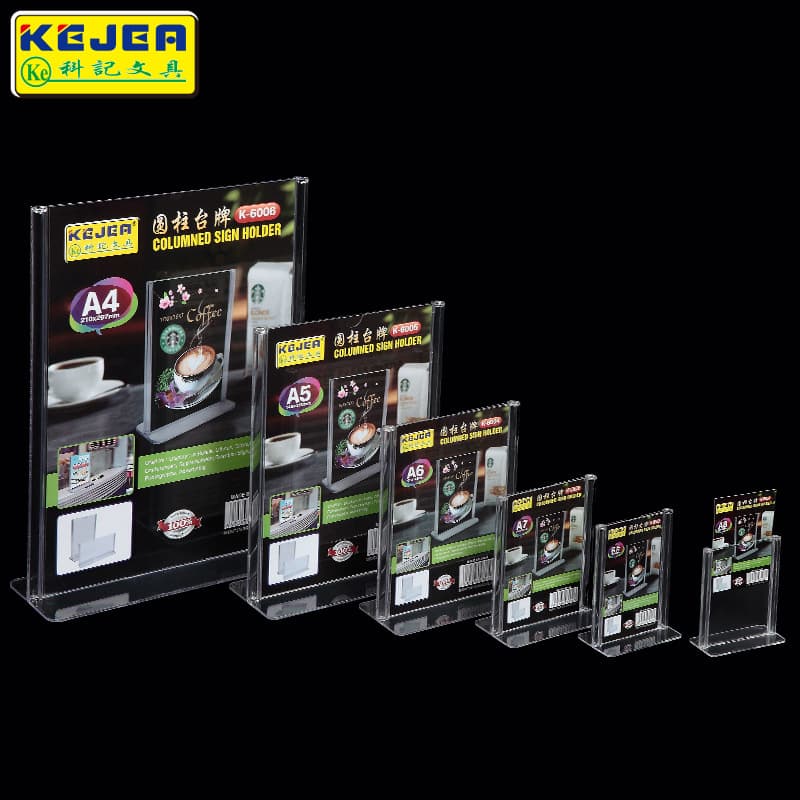 Keji display stand with circular base, double-sided A6 tabletop sign for promotional advertising