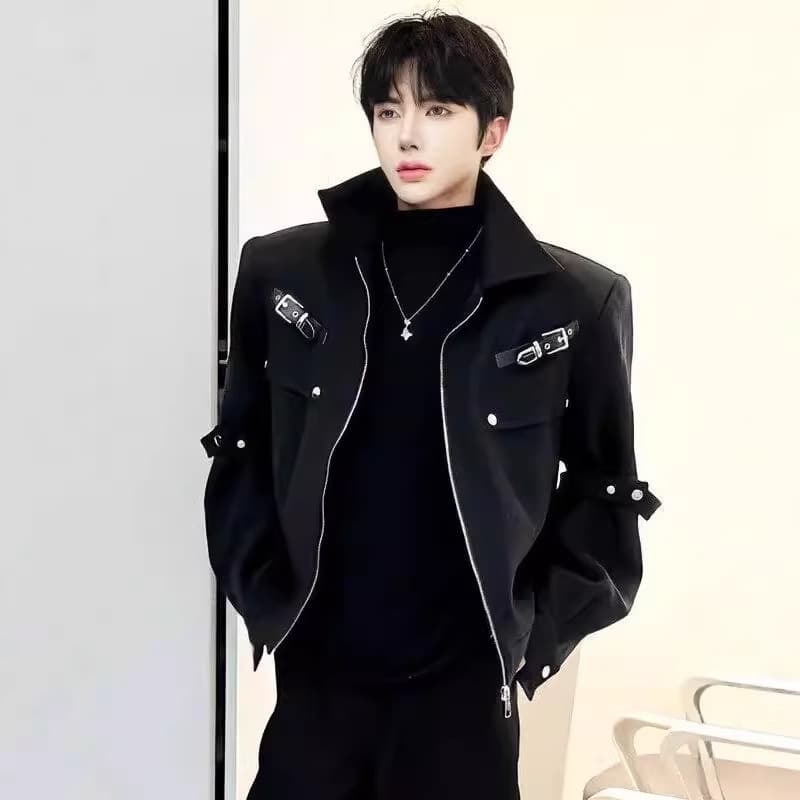 Cleanfit Shoulder Pad Black Biker Jacket for Men, Spring/Autumn Design, Niche, Cool, High-End Short Jacket