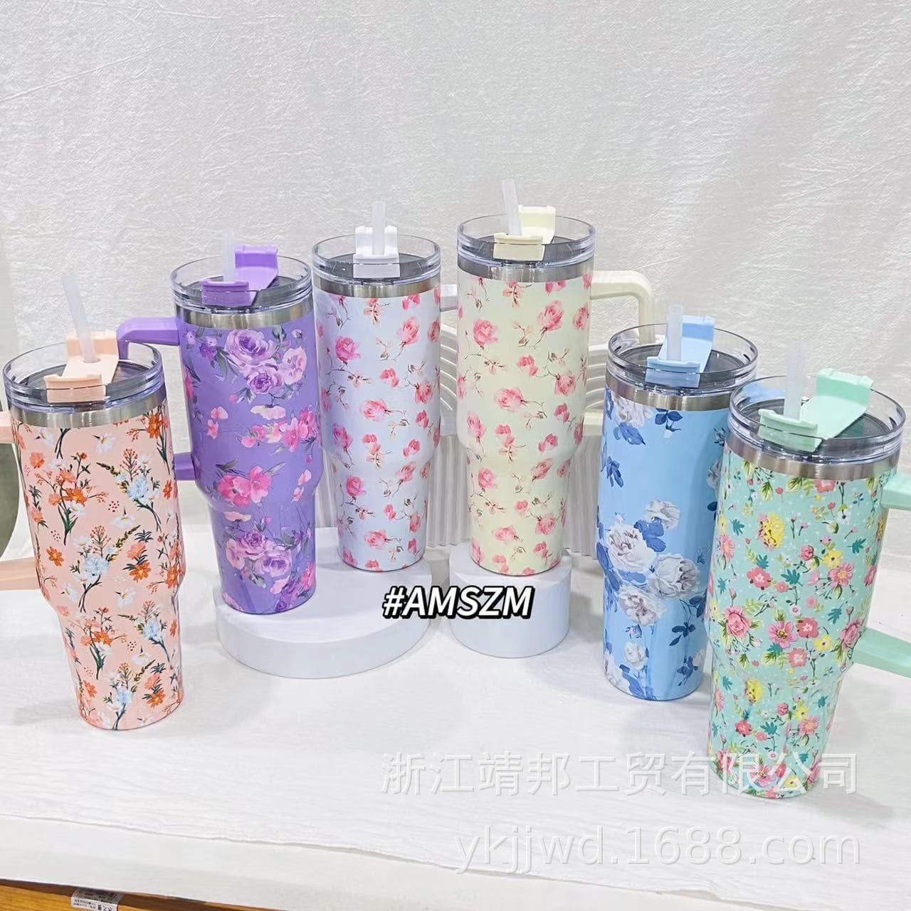 Cross-border Printed 40oz Car Cup Creative 304 Stainless Steel Insulated Mug Large Capacity with Handle and Straw Ice Tumbler