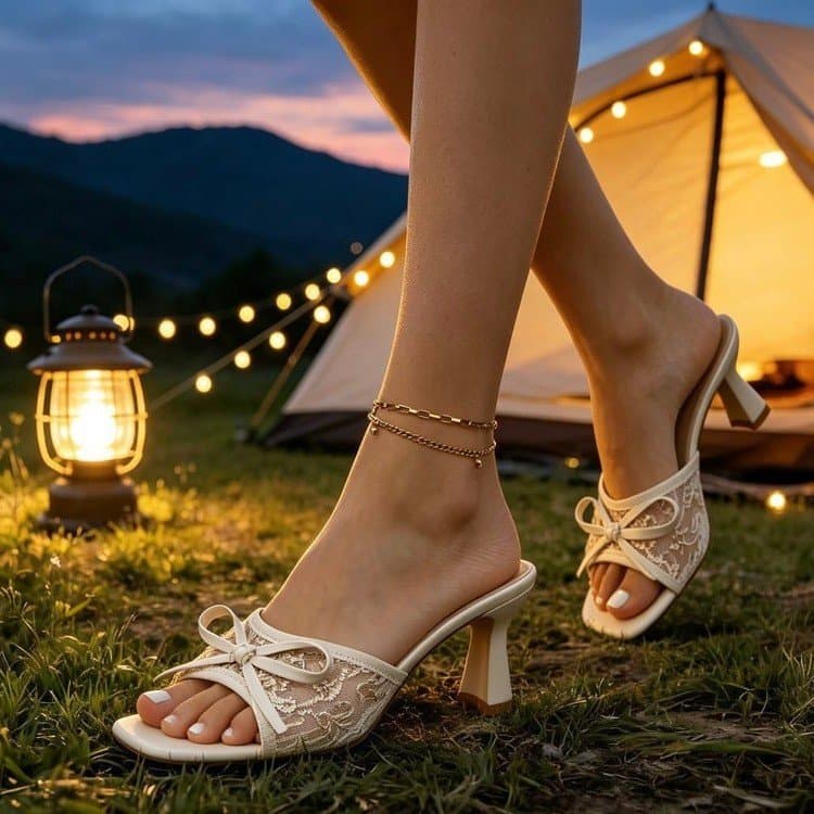 European and American Style Plus Size Lace Hollow Square Toe One-Strap Slippers for Women, Chunky Heel Mesh High Heel Butterfly Knot Sandals