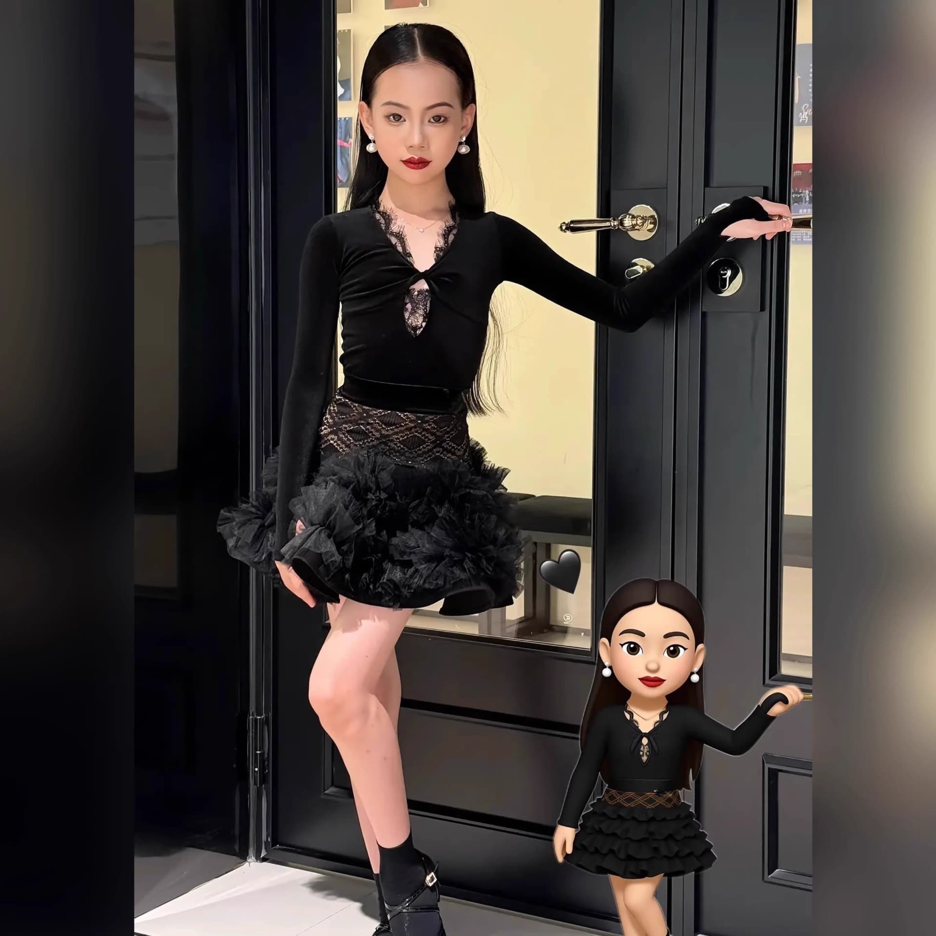 SQ style Latin dance outfit, new autumn/winter style, girls' practice clothes, lace top, velvet full skirt, puffy skirt set.
