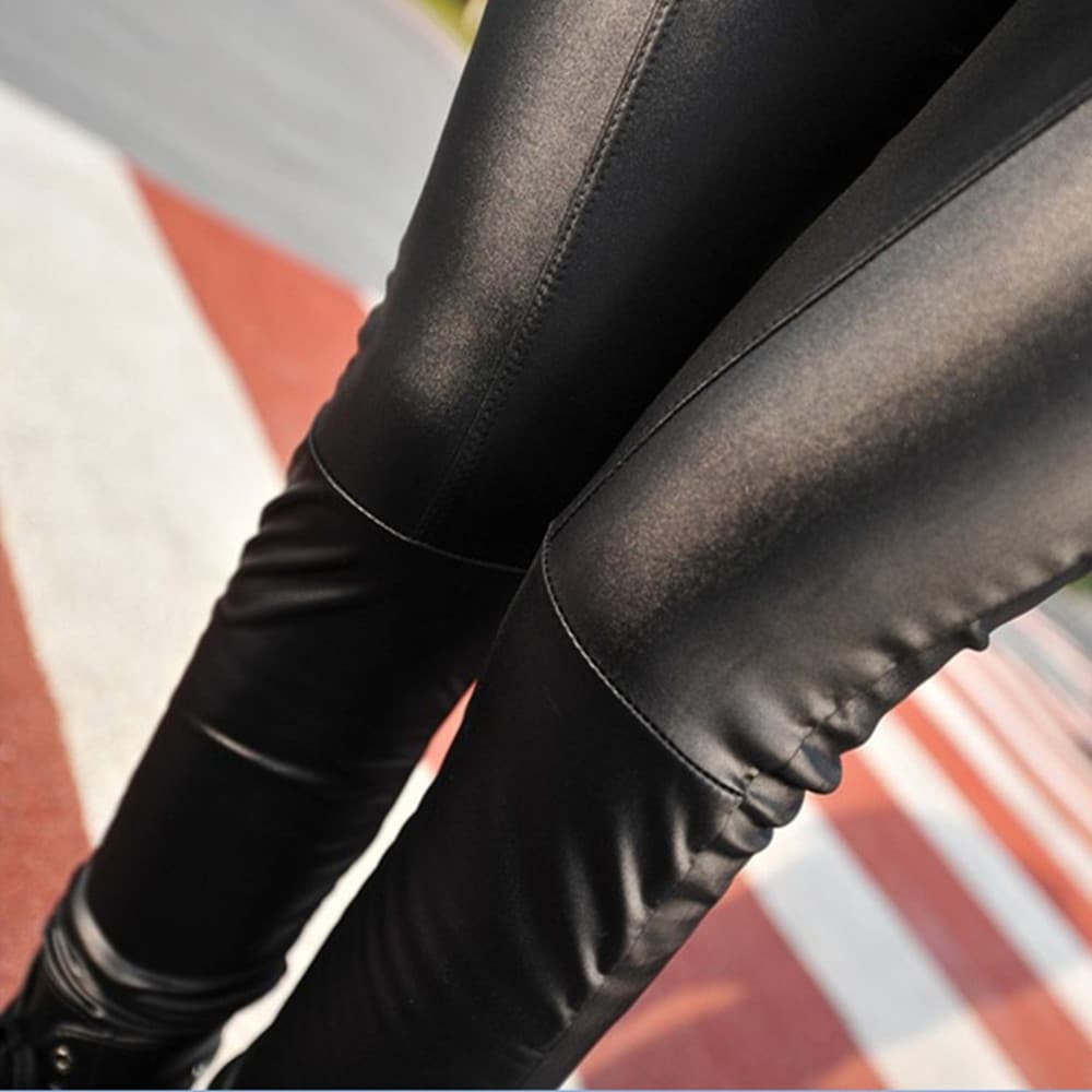 Thin Faux Leather Fashion Knee T-Panel Leggings for Women Spring Versatile Stretchy Skinny Pants