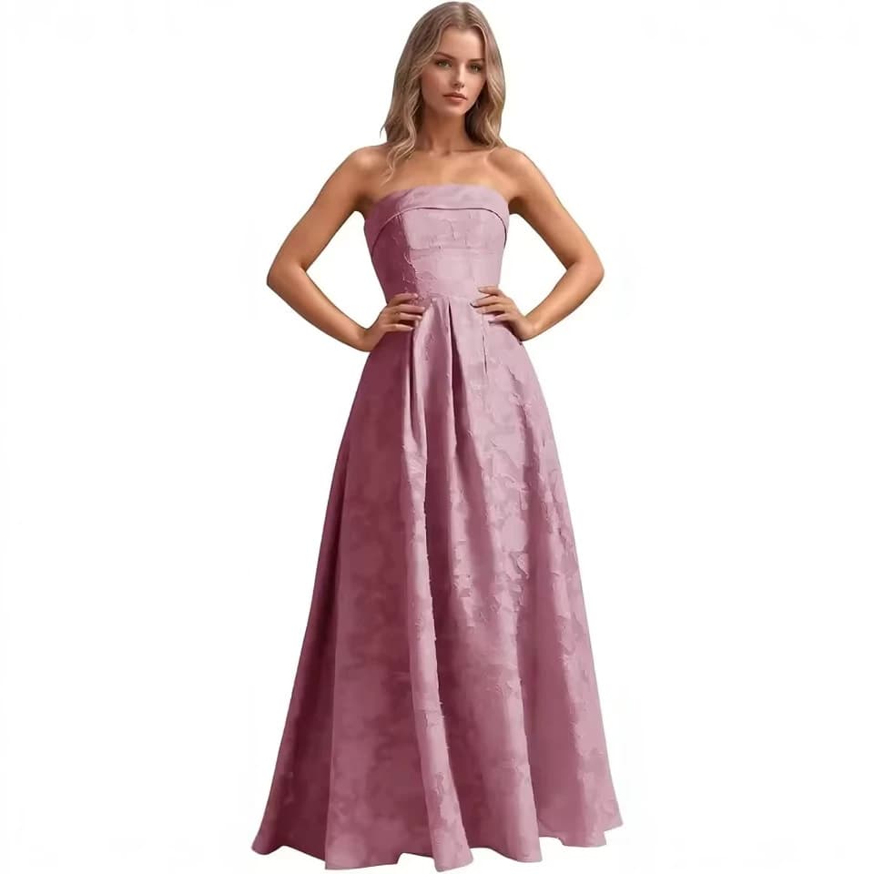 European and American Style Evening Dress 2026 New Model Strapless Satin Jacquard Banquet Party Dress Student Performance Outfit