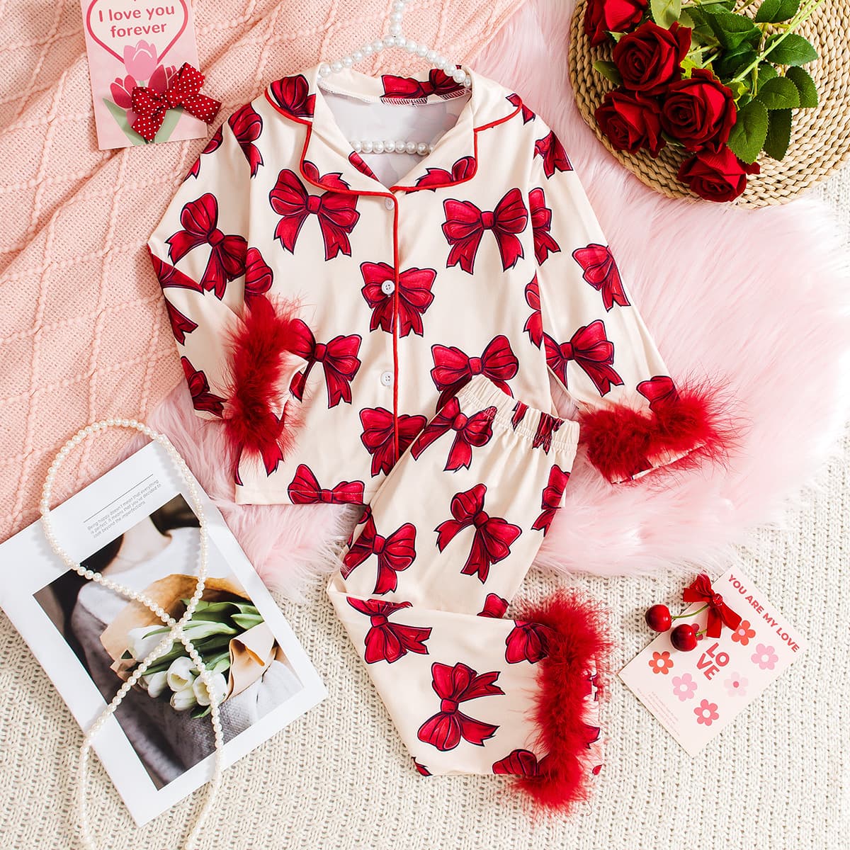 Foreign Trade Girls Lapel Bow Print Long Top + Pants Fashion Set Comfortable Pajamas Factory Direct