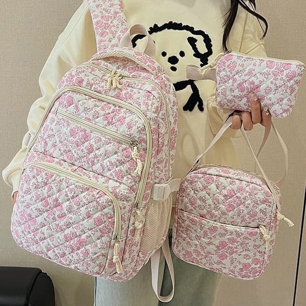 Cross-border floral print backpack 3-piece set, cute storage backpack for girls, stylish design, for middle and high school students, export quality