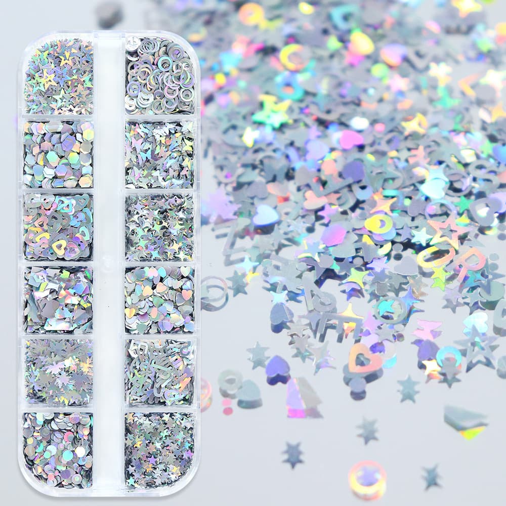 12-Pack Full Laser Silver Nail Art Sequins Laser Maple Leaf Star Heart DIY Nail Patch Jewelry