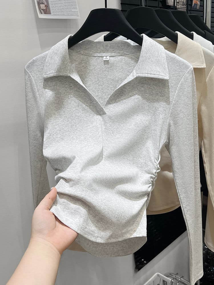 Source factory does not return [40 1*1 92 cotton 8 spandex] autumn Polo collar waist design long sleeve T-shirt