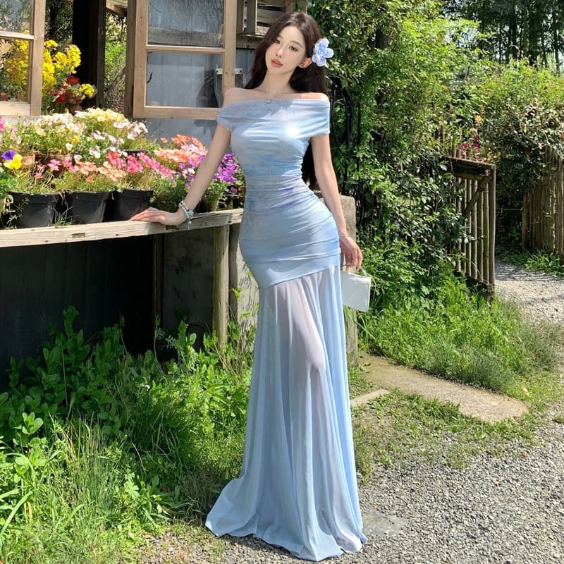 Salt Tea Blue Blues French Off-Shoulder Atmosphere Sheer Lettering Chiffon Dress Set Slim Fit