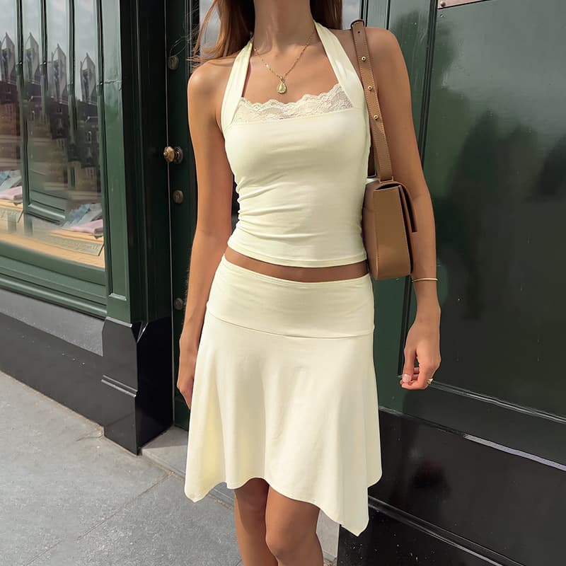 European and American Sexy Lace Trim Set Women 2026 Summer Fashion Casual Slim Fit Camisole Solid Skirt Two-Piece Set