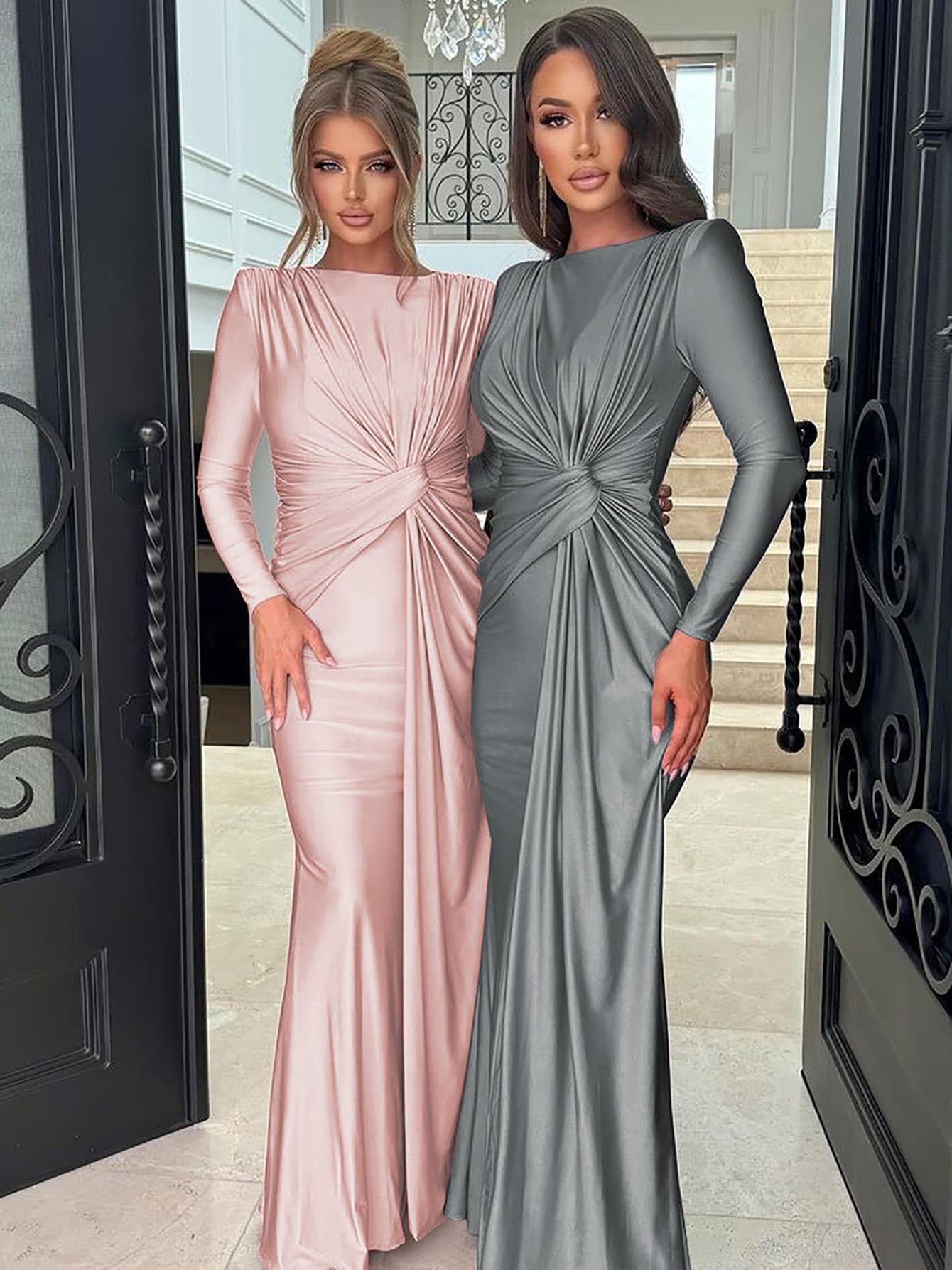 European and American Cross-border Women's Autumn New Round Neck Long Sleeve Irregular Overlap Twist High Waist Dress Elegant Long Gown