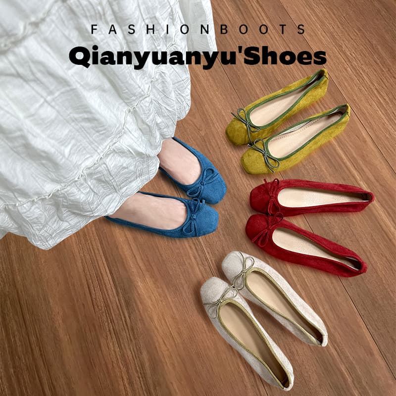 French Bow Square Toe Ballet Shoes Fairy Shoes Flat Gentle Evening Shoes Summer New Women's Small Shoes