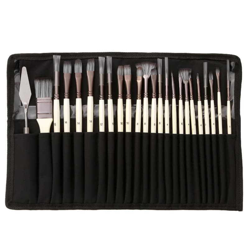 24-Piece Set Nylon Canvas Watercolor Oil Painting Brushes Popular Sale Quality Art Brushes Wooden Handle Cloth Bag Included