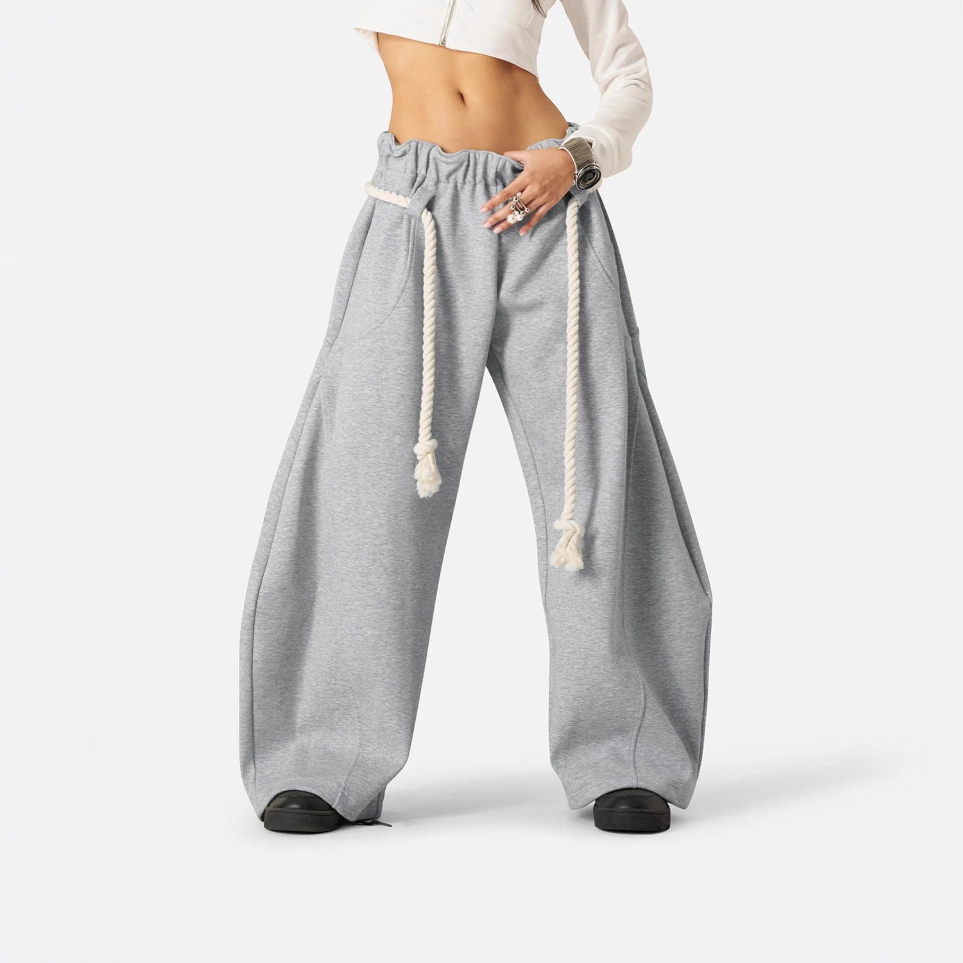 European and American Cross-border Casual Women's Street Style Drawstring Pants Y2K Loose Fashion Waist-cinching Wide-leg Pants Floor-length Pants for Women