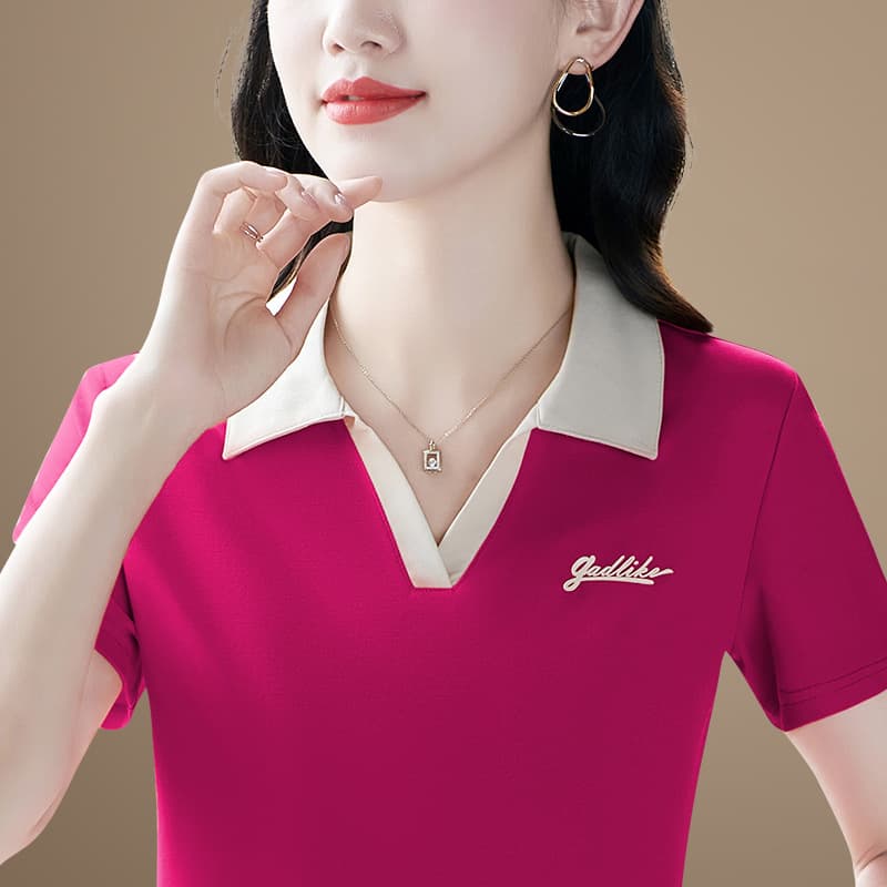 Ice Silk Short Sleeve T-Shirt Women Summer 2026 New Middle-Aged Mother Polo Shirt V-Neck Casual Sports Top