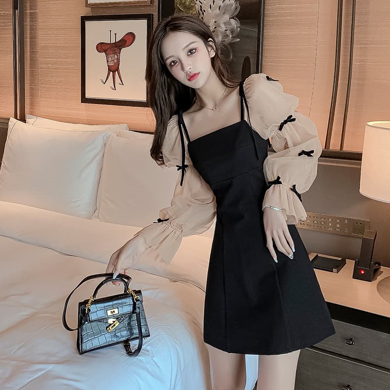 Actual shot of 2026 spring little black dress with sweet bow mesh stitching long-sleeved waist slimming dress for women