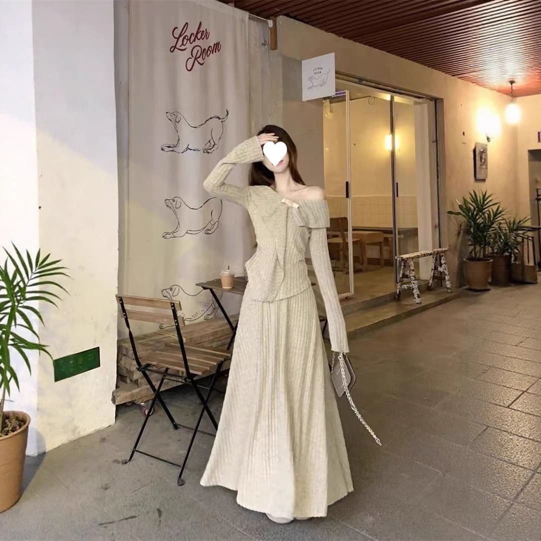 2026 New Sweet Fashion Design Irregular Knit Sweater High-Waist Long Skirt Women's Two-Piece Set for Autumn and Winter