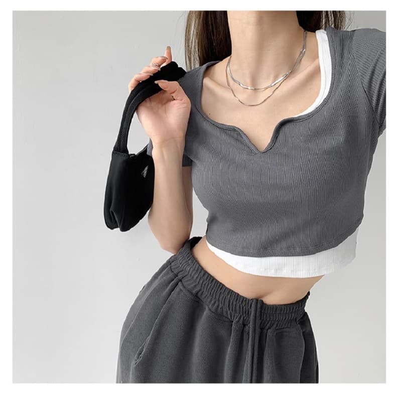 Women's Summer Short Sleeve T-Shirt Slim Fit Bandeau Top Faux Two-Piece Exposure Clothing Korean Style Casual Comfortable