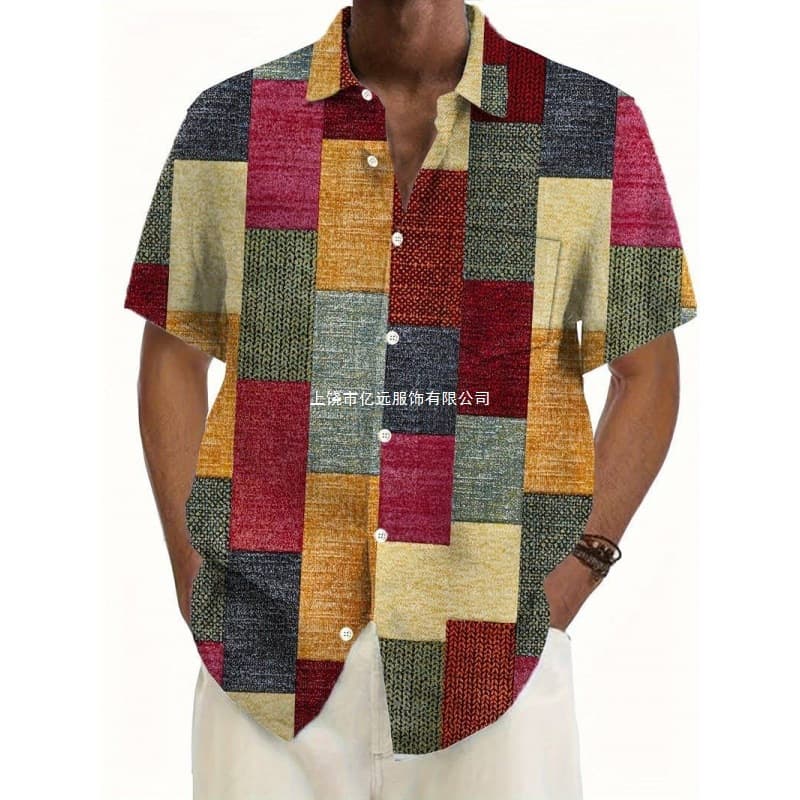 European and American foreign trade 3D digital men's shirt summer new versatile plaid short-sleeved shirt plus size men's top