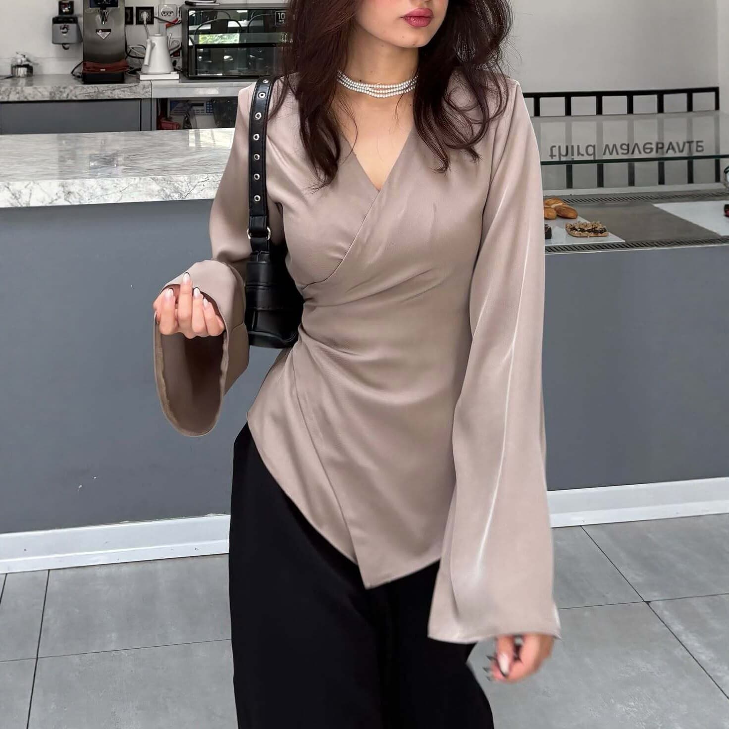 Designer V-Neck Long Sleeve Blouse for Women Slimming Irregular Top Solid Color Shirt 2026 Cross-border Amazon