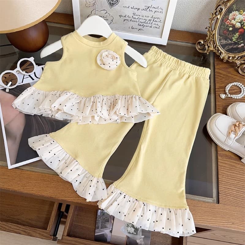 Girls' Small Fragrance Sleeveless Suit 2025 Summer New Children's Lace Splicing Vest Nine-Point Flare Pants Two-piece Set