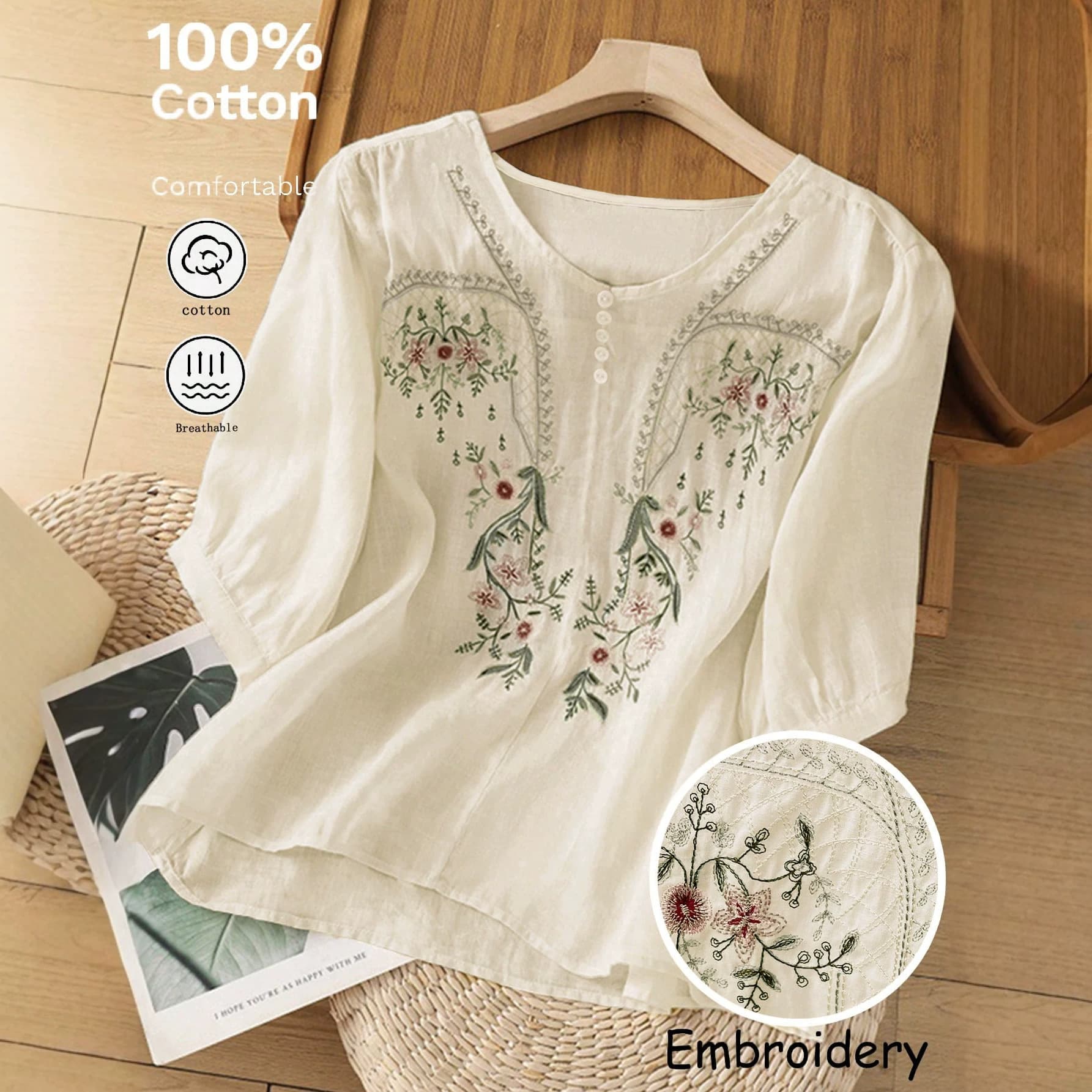 Spring/Summer Women's Top Breathable Chinese Style White Short Sleeve Floral Embroidery Pure Cotton Comfortable Artistic Overseas Warehouse