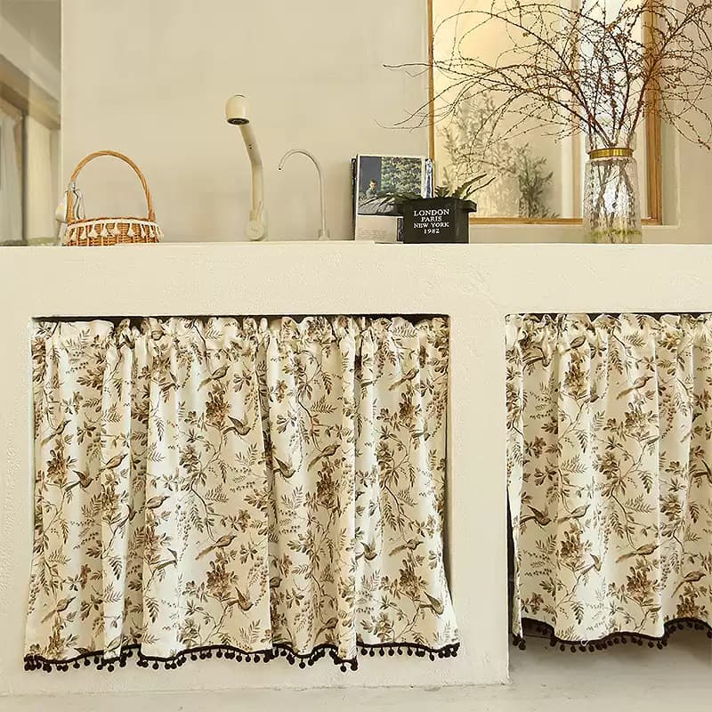 American-style curtains, half-curtains, flowers and birds, brown rods, punch-free door curtains, Korean-style sticky Velcro
