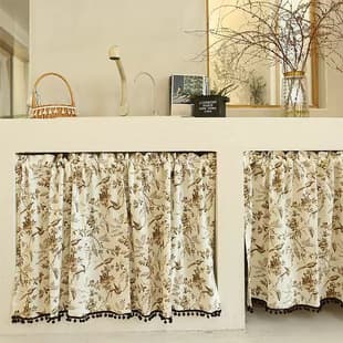 American Style Curtain Half Curtain Floral Birds Coffee Color Rod No-Drill Door Curtain Korean Style Adhesive Velcro