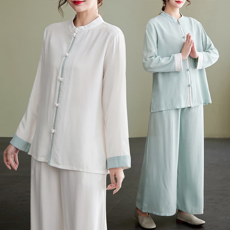 Spring and Summer New Cotton Linen Tai Chi Suit Loose Practice Outfit Zen Layman Suit Two-Piece Set for Women
