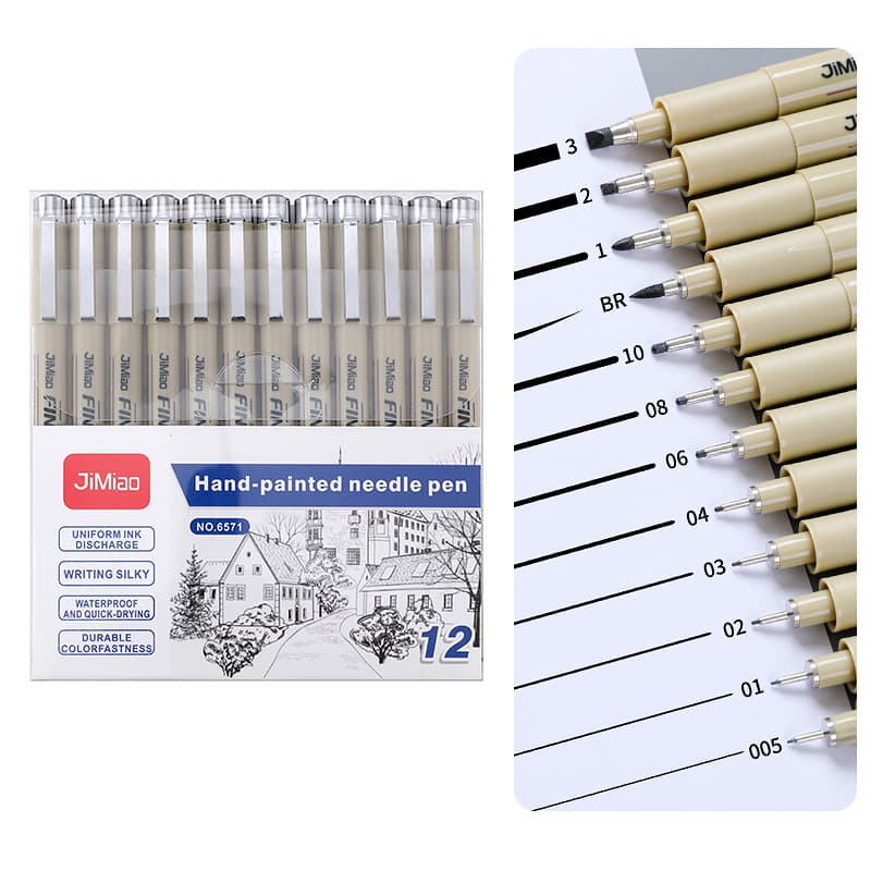 Technical Pen 12-Size Set, Outline Pen, Anime Sketch Pen, Cross-Border Hot-Selling Water-Based Pigment Drawing Pen