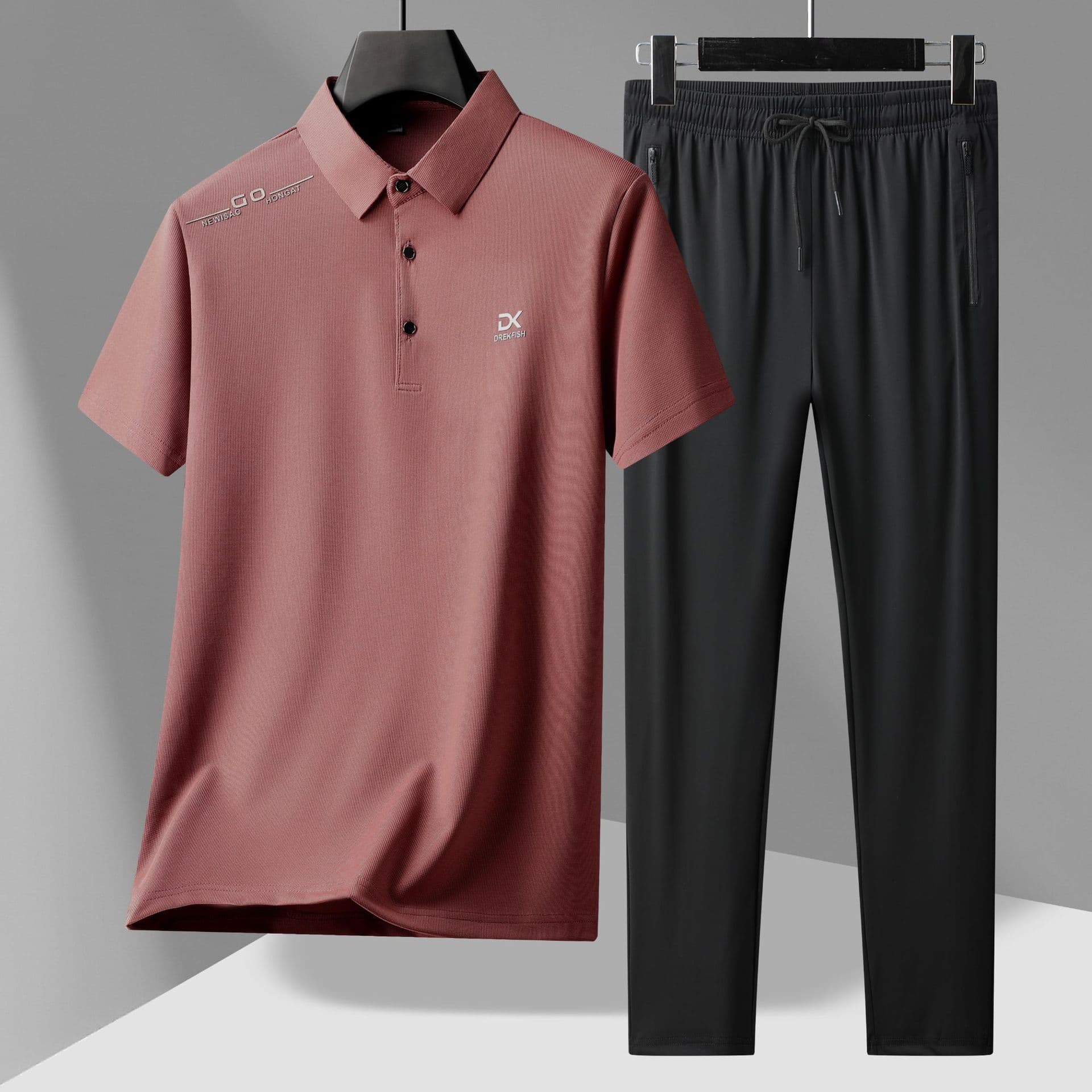 Ice Silk Seamless Men's Short Sleeve T-Shirt and Long Pants Set, Polo Shirt for Men, Father's Summer Outfit, 2-Piece Set