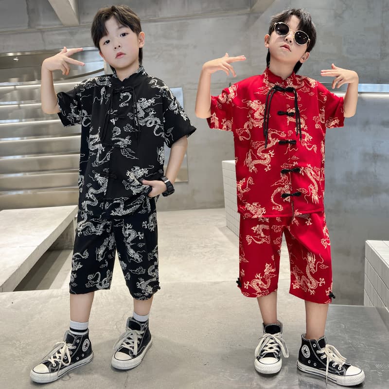 Boys' Hanfu Summer New Chinese Style Short-Sleeved Shorts Set 2025 New Ancient Style Tang Suit Boys Summer Two-Piece Set