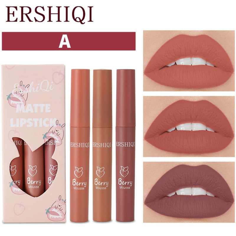 ErshiQi three-pack lip glaze matte non-stick cup matte student style velvet lipstick without makeup whitening nude color