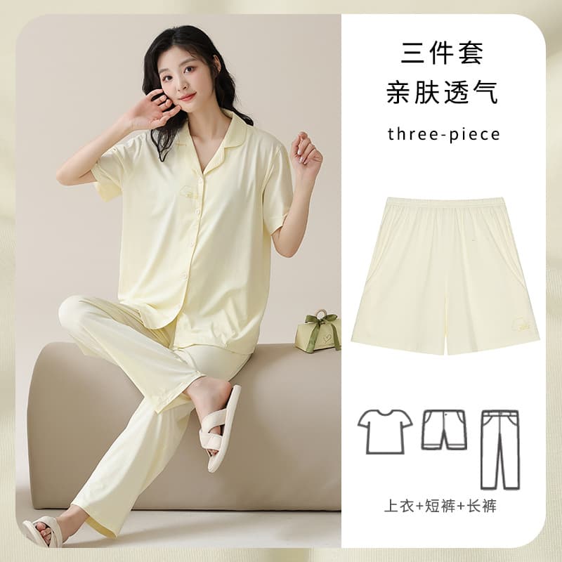3-Piece Sleepwear Set for Women, Summer Lyocell Short-Sleeve Cardigan, Cool and Simple Style Loungewear Set