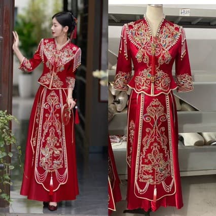 Low-Cut Xiuhe Dress for Brides, 2025 New Style Chinese Dragon and Phoenix Gown, Vintage Departure Attire, High-End Heavy-Duty Satin