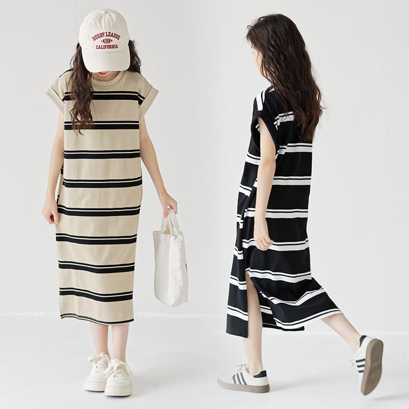2026 Summer Loose Long Straight Slit Dress Korean Style Striped T-Shirt Skirt Slimming Parent-Child Long Skirt