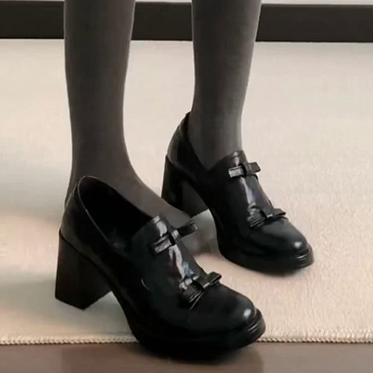 Genuine Leather High-Heeled Loafers for Women 2026 New Style Petite Chunky Heel Slip-On Shoes Black Versatile Slip-On Jk Leather Shoes