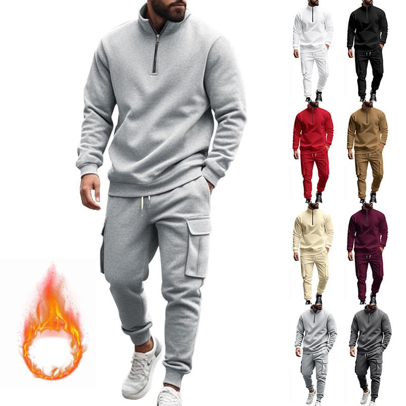 Cross-Border Amazon New Fall/Winter Men's Casual Set, Half-Zip Pullover Slim Fleece Hoodie and Sweatpants Set