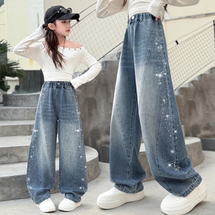 Girls Jeans Spring/Autumn 2026 New Style Rhinestone Loose Fit Big Girls Wide-Leg Pants Middle School Students Autumn Kids Pants