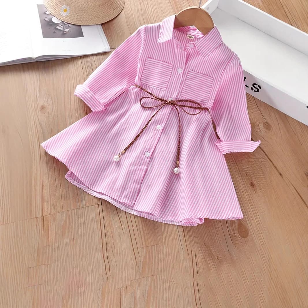 Girls' Dress Spring Autumn 2025 New Summer Children's Shirt Dress Baby Stylish Skirt Korean Style Striped Trendy