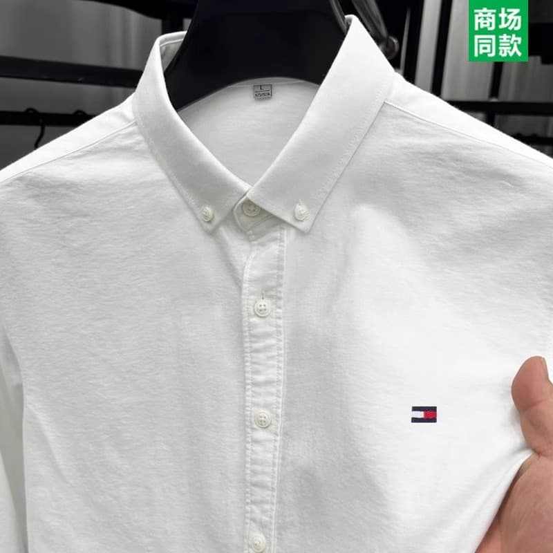 Tommy cotton men's long-sleeved shirt spring and autumn business casual Oxford solid color versatile easy-care shirt