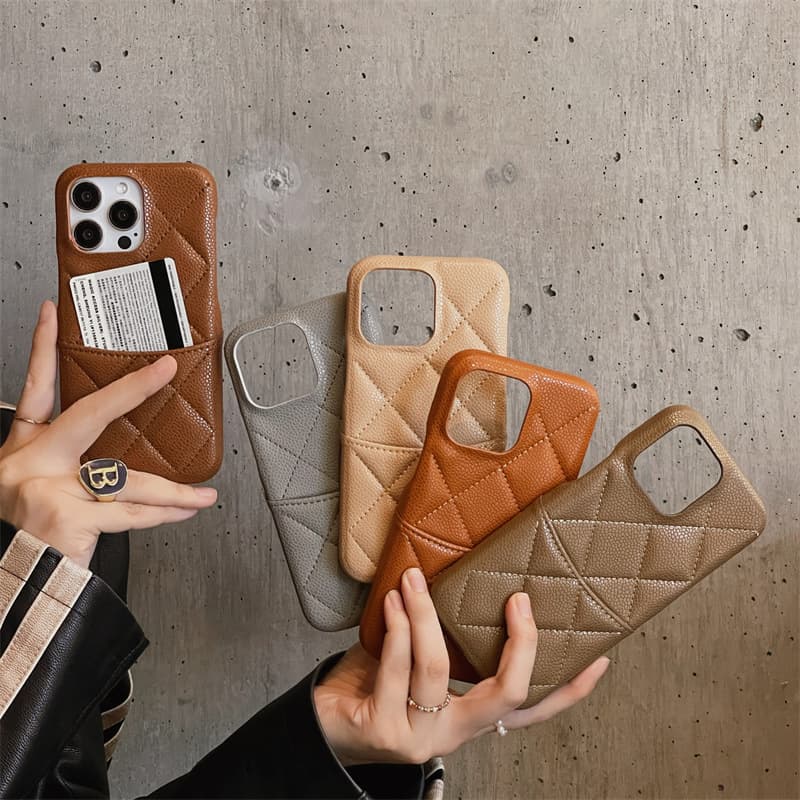 Maillard Color Scheme Chanel-Style 15 Pro Max/14 Pro Phone Case Compatible with iPhone 13 Pro Leather with Card Slot