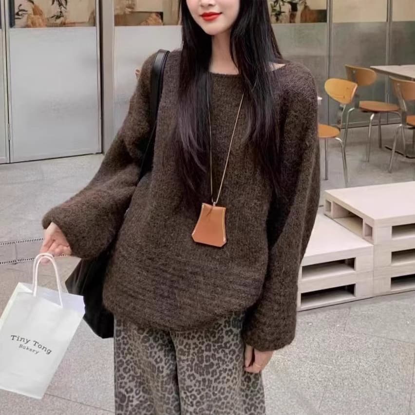 Women's Fall/Winter Loose Knit Sweater with Slanted Neckline, Off-Shoulder Long Sleeve, Soft and Cozy, Cross-Border Export Style