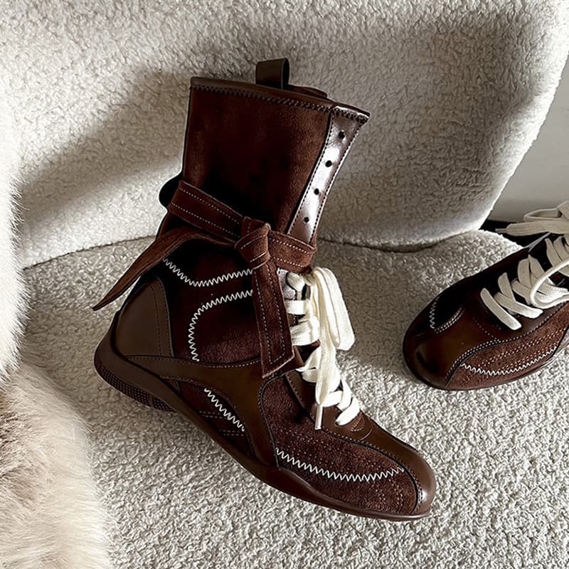 Leather Version~ Height-Increasing Duck Hunting Boots Women Ins Versatile Color Block Lace-Up Boxing Boots Outdoor Workwear Round Toe Martin Boots