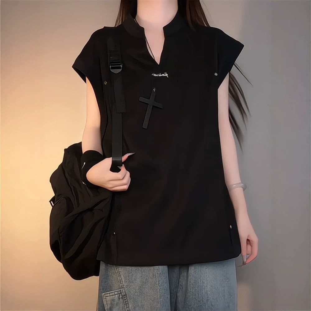 Rivet v-neck vest men's solid color summer thin American high street handsome loose sleeveless casual T-shirt