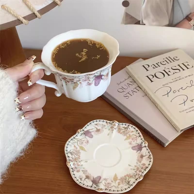 European Vintage Gold-Rimmed Afternoon Tea Coffee Cup and Saucer Set Floral Tea Set Housewarming Gift