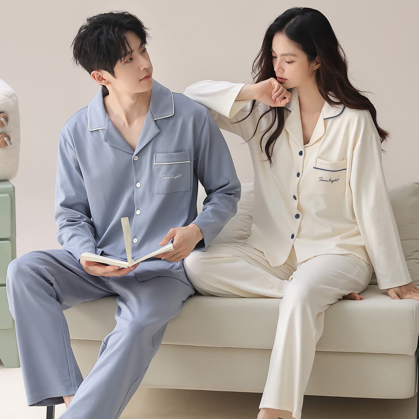 Autumn and winter couples pure cotton pajamas cardigan lapel long-sleeved trousers Korean style high-end cardigan lapel home wear set